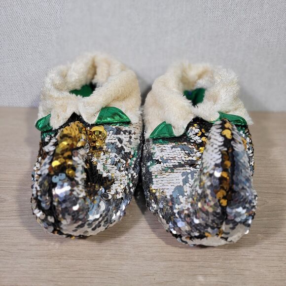 Dan Dee ELF Slippers Fuzzy Gold Silver 2018 Christmas Sequin Men Women L/XL 9-11 - Picture 3 of 14